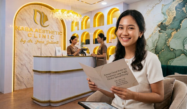 Pasien tersenyum memegang brosur di lobi Naba Aesthetic Clinic Citra Raya sebelum facial rutin