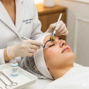Seorang wanita sedang menjalani prosedur treatment eksosom di wajah dengan alat microneedling oleh seorang ahli di klinik kecantikan profesional.