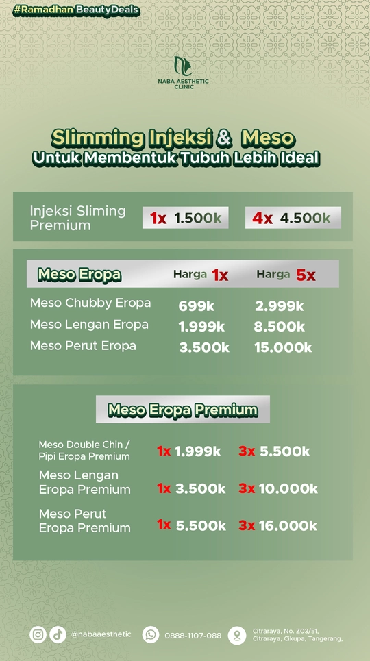 Promo Ramadhan slimming injeksi dan meso Eropa di Naba Aesthetic Clinic Tangerang untuk membentuk tubuh lebih ideal dengan harga paket hemat dan treatment premium.
