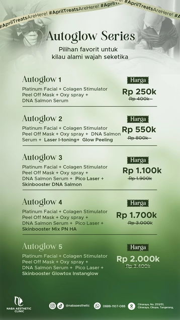 Promo Autoglow Series Naba Aesthetic Clinic April 2026 – paket facial glowing instan mulai 250 ribu dengan collagen stimulator dan DNA salmon