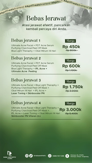 Promo Bebas Jerawat Naba Aesthetic Clinic April 2026 – paket perawatan jerawat mulai 450 ribu dengan facial acne, blue light therapy, dan skinbooster