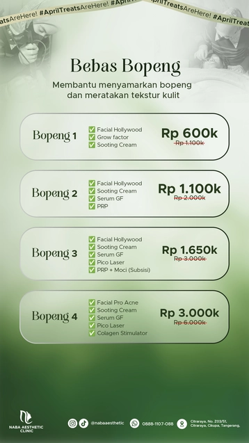 Paket perawatan Bebas Bopeng Naba Aesthetic Clinic mencakup Facial Hollywood, Pico Laser, dan Collagen Stimulator untuk meratakan tekstur kulit.