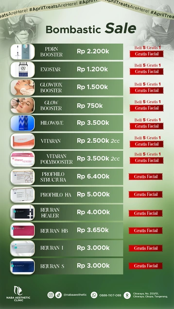 Promo Bombastic Sale Naba Aesthetic Clinic untuk berbagai jenis Skinbooster seperti Rejuran, Profhilo, Vitaran, dan PDRN dengan penawaran Beli 5 Gratis 1 serta Gratis Facial.