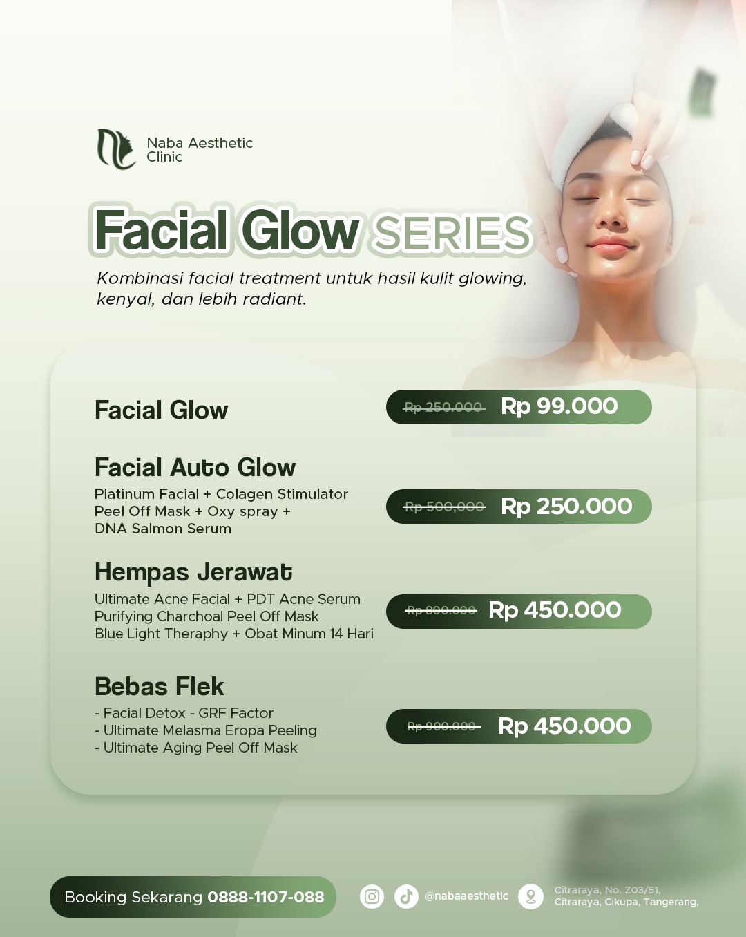 Promo Facial Glow Series Naba Aesthetic Clinic Tangerang dengan treatment facial glowing, facial auto glow, treatment jerawat dan bebas flek mulai Rp99 ribu