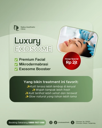 Luxury Exosome Tangerang dengan Premium Facial, Mikrodermabrasi, dan Exosome Booster untuk kulit glowing, lembap, kenyal, dan tampak lebih sehat.