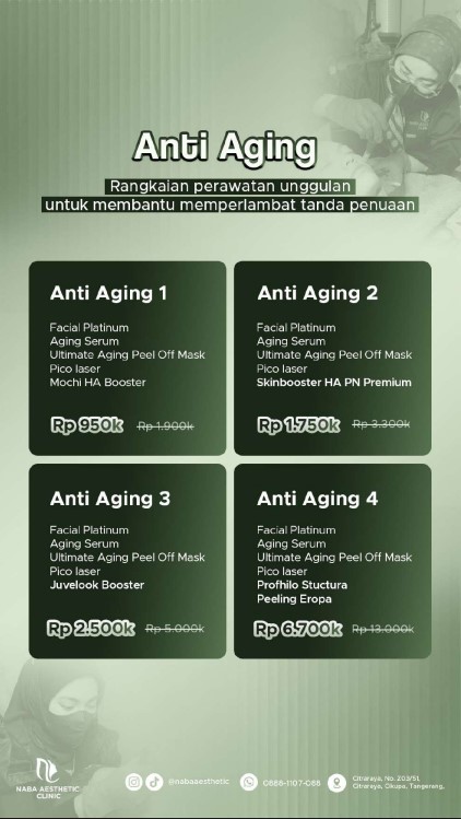 Daftar menu promo paket Anti Aging Series untuk mengatasi kerutan dan penuaan dini di Klinik Kecantikan Citraraya - Tangerang Naba Aesthetic Clinic, menampilkan rincian paket Anti Aging 1 hingga Anti Aging 4 dengan tindakan Facial Platinum, Pico Laser, Mochi HA Booster, Juvelook Booster, dan Profhilo Structura.
