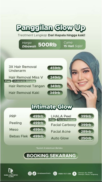 Daftar harga promo paket Hair Removal (Underarm, Miss V, Tangan, Kaki) dan perawatan Intimate Glow (PRP, Meso, LHALA Peel) di Naba Aesthetic Clinic Citraraya Tangerang.