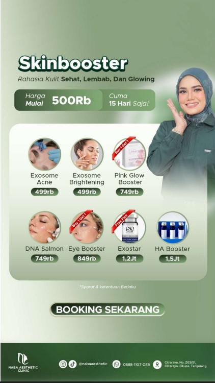 Daftar menu promo perawatan Skinbooster di Naba Aesthetic Clinic Citraraya Tangerang, pilihan produk premium meliputi Exosome Acne, Exosome Brightening, Pink Glow Booster, DNA Salmon, Eye Booster, Exostar, dan HA Booster.
