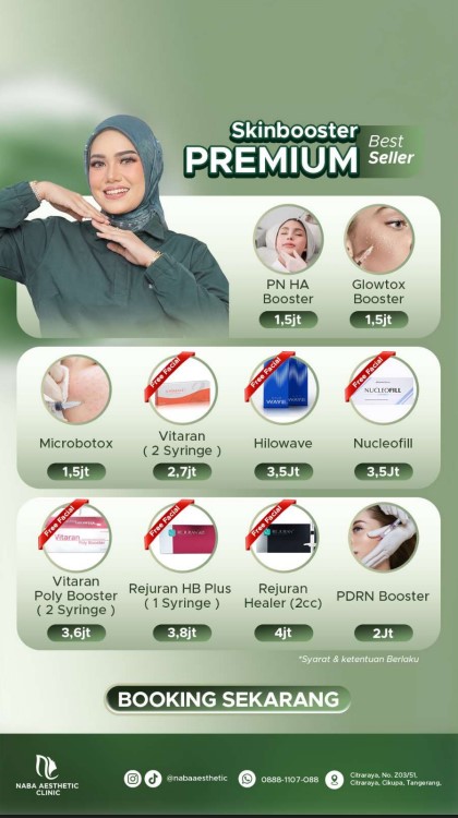 Daftar harga promo Skinbooster Premium Best Seller di Klinik Kecantikan Citraraya - Tangerang Naba Aesthetic Clinic, menampilkan pilihan treatment kelas atas seperti PN HA Booster, Glowtox Booster, Microbotox, Vitaran, Hilowave, Nucleofill, Rejuran HB Plus, Rejuran Healer, dan PDRN Booster.