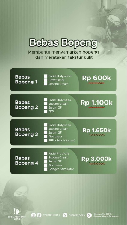 Daftar menu promo paket Bebas Bopeng Series untuk meratakan tekstur kulit di Klinik Kecantikan Citraraya - Tangerang Naba Aesthetic Clinic, menampilkan rincian paket Bebas Bopeng 1 hingga Bebas Bopeng 4 dengan tindakan Facial Hollywood, Pico Laser, PRP, dan Serum GF (Growth Factor).
