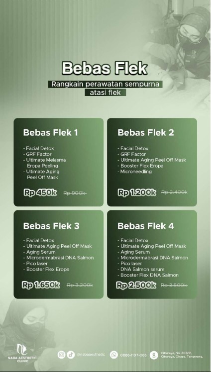 Daftar menu promo paket Bebas Flek Series untuk mengatasi melasma dan hiperpigmentasi di Klinik Kecantikan Citraraya - Tangerang Naba Aesthetic Clinic, menampilkan rincian paket Bebas Flek 1 hingga Bebas Flek 4 dengan tindakan Facial Detox, Pico Laser, Microneedling, Microdermabrasi DNA Salmon, dan Booster Flex Eropa.