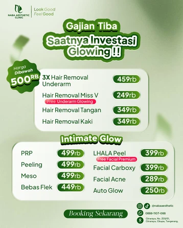 Daftar harga promo hair removal underarm, tangan, kaki dan intimate glow di bawah 500rb Naba Aesthetic Clinic Citraraya Tangerang