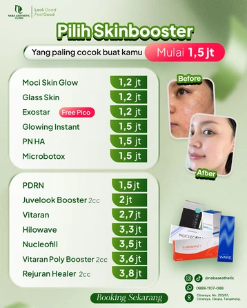 Daftar harga skinbooster Moci Skin Glow, Glass Skin, Rejuran, PDRN, Nucleofill di Naba Aesthetic Clinic Citraraya