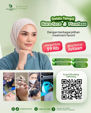 Wanita berhijab dengan kulit flawless, promo treatment facial premium, skin booster, dan hair removal mulai 99rb di Naba Aesthetic Clinic Citraraya